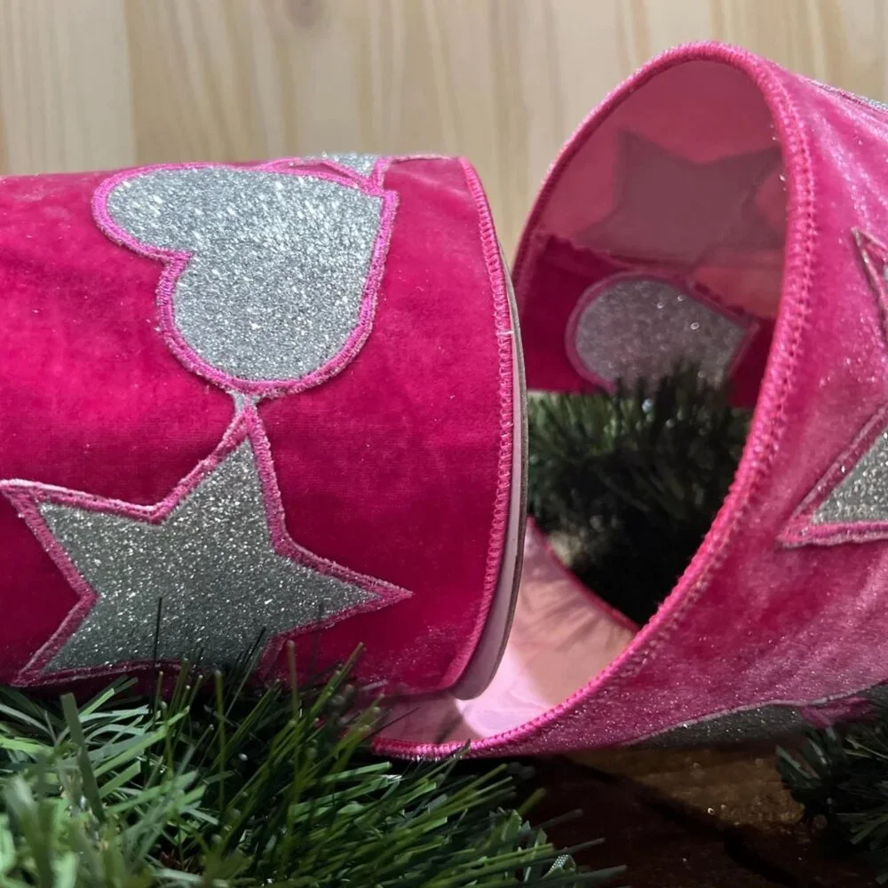 4 inch Hot Pink Velvet with Hearts and Stars Wired Edge Ribbon Holiday Crafts